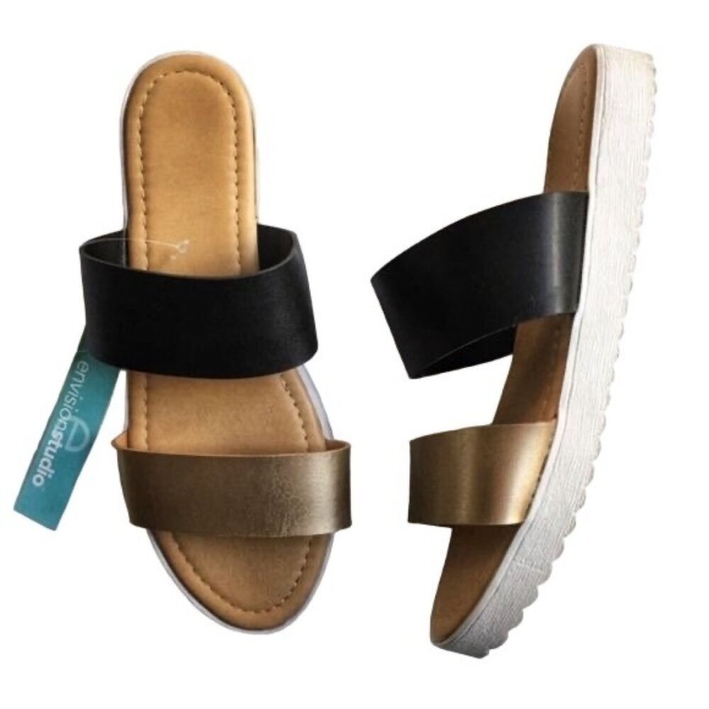 Envision Studio Black Gold Platform Sandals New